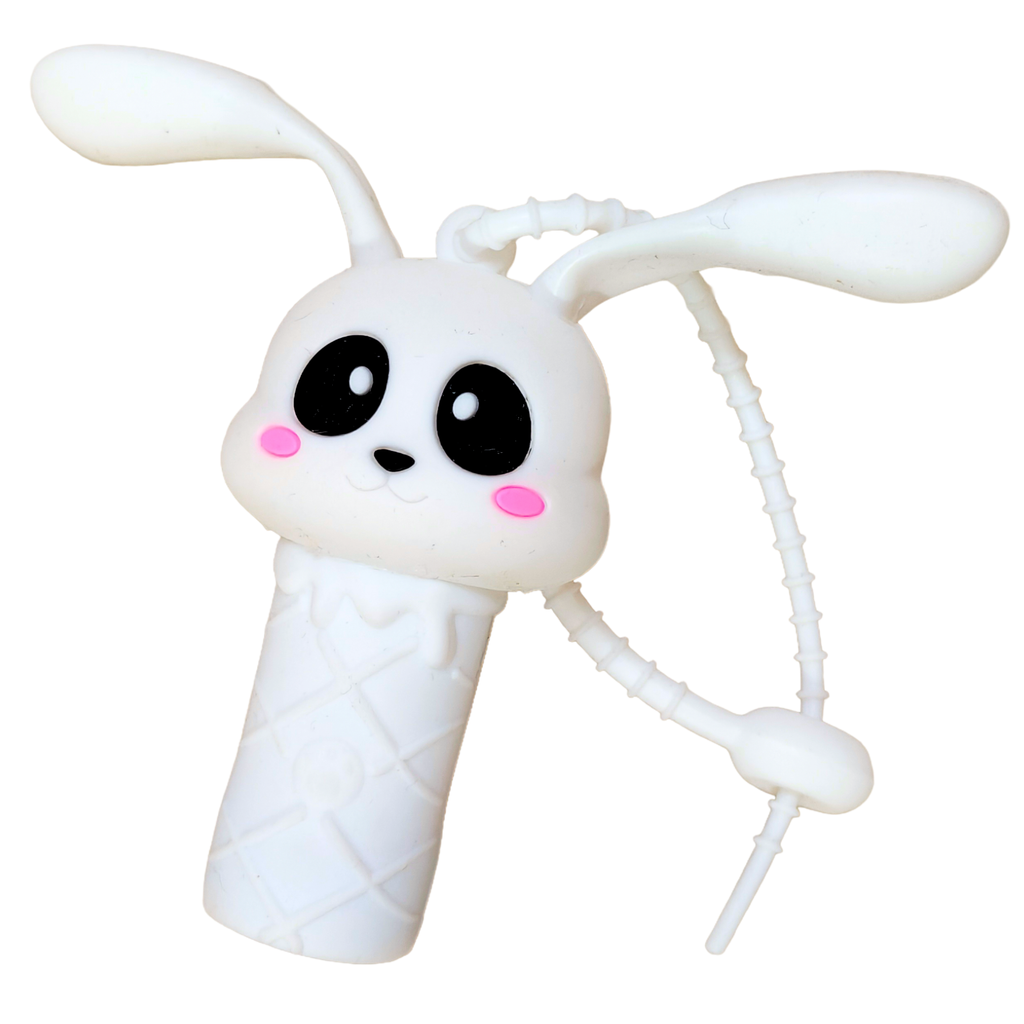 White rabbit-shaped product with a cute face on a white background