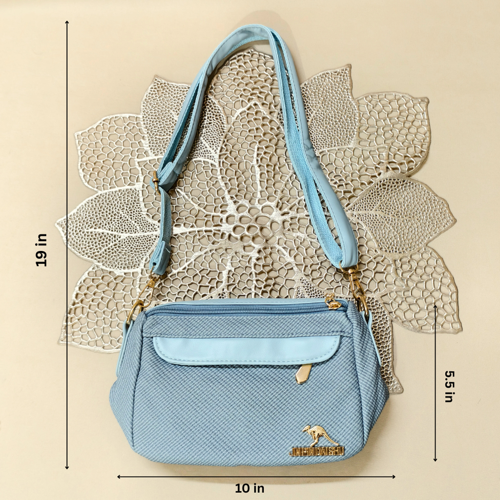 Blue handbag with measurements on a beige background