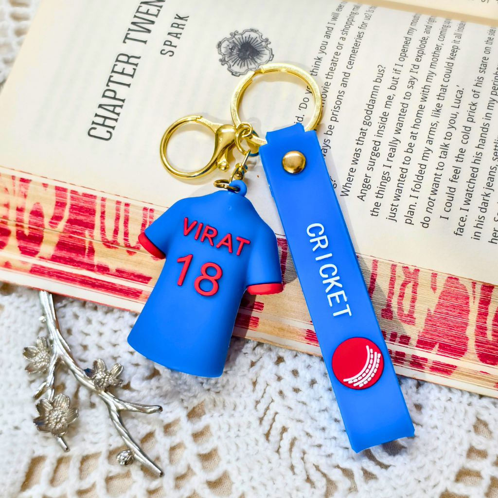 
Virat Keyring  With Props On  Crochet Background.