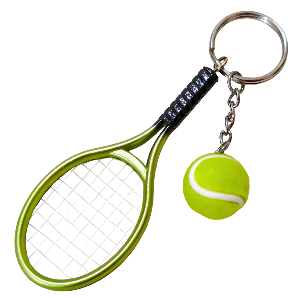 A tennis-themed keychain featuring a metallic lime green tennis racket with a black wrapped handle and a small yellow tennis ball charm, attached to a silver split ring and chain.