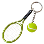 A tennis-themed keychain featuring a metallic lime green tennis racket with a black wrapped handle and a small yellow tennis ball charm, attached to a silver split ring and chain.