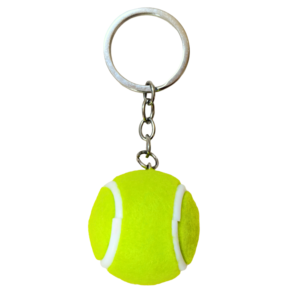A novelty keychain shaped like a bright yellow tennis ball with white lines, attached to a silver metal split ring and short chain, shown on a plain white background.