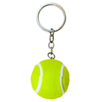 A novelty keychain shaped like a bright yellow tennis ball with white lines, attached to a silver metal split ring and short chain, shown on a plain white background.