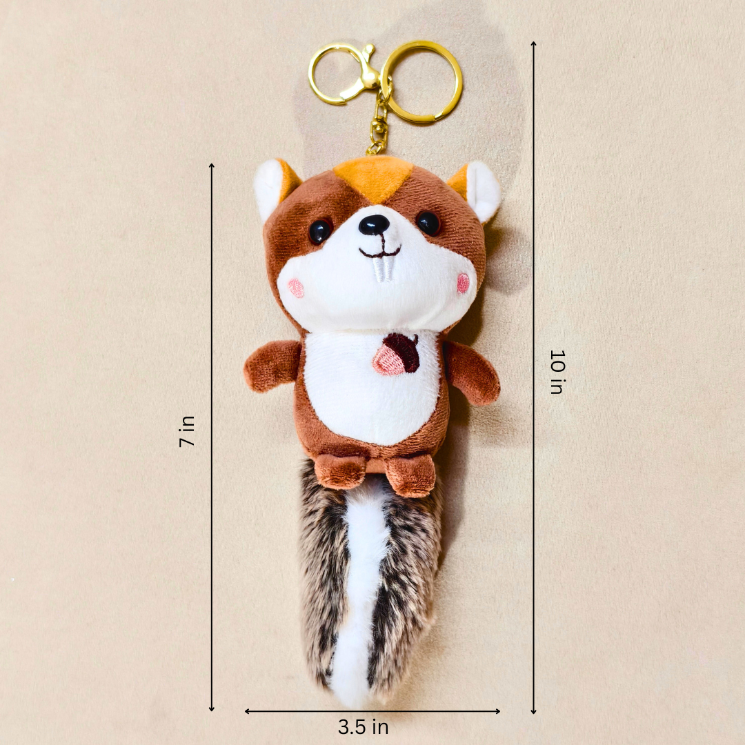 Squirrel Brown Plushie Stuffed Keychain, Soft Polyester Plush Bag Charm Toy, Squirrel, Capybara and Dog Variants, Detachable Clasp, Gold & Silver Tone Hardware