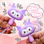 Two purple cartoon-style airpods with a hand holding one, on a pink background with 'Chu! Chu!' text.
