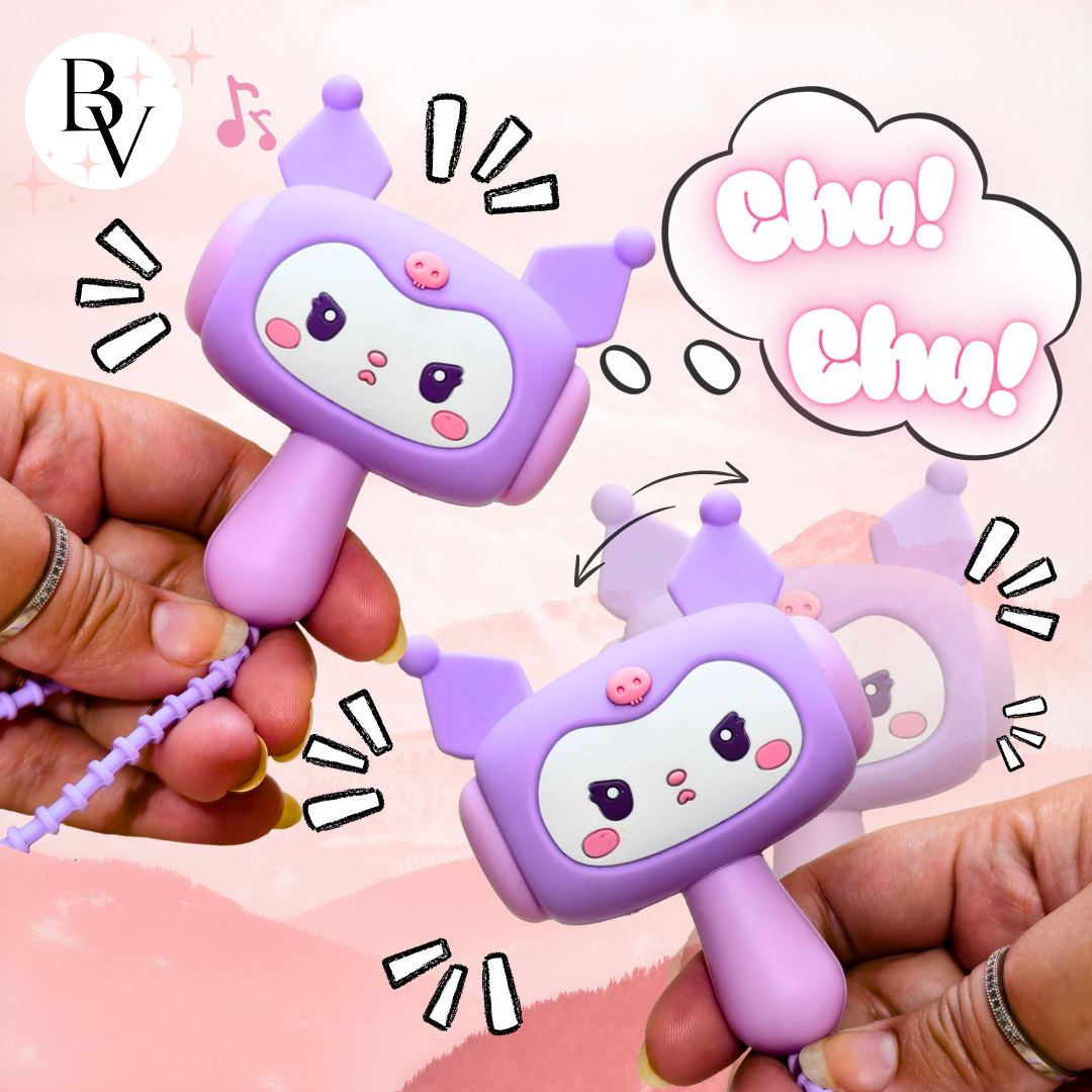 Two purple cartoon-style airpods with a hand holding one, on a pink background with 'Chu! Chu!' text.