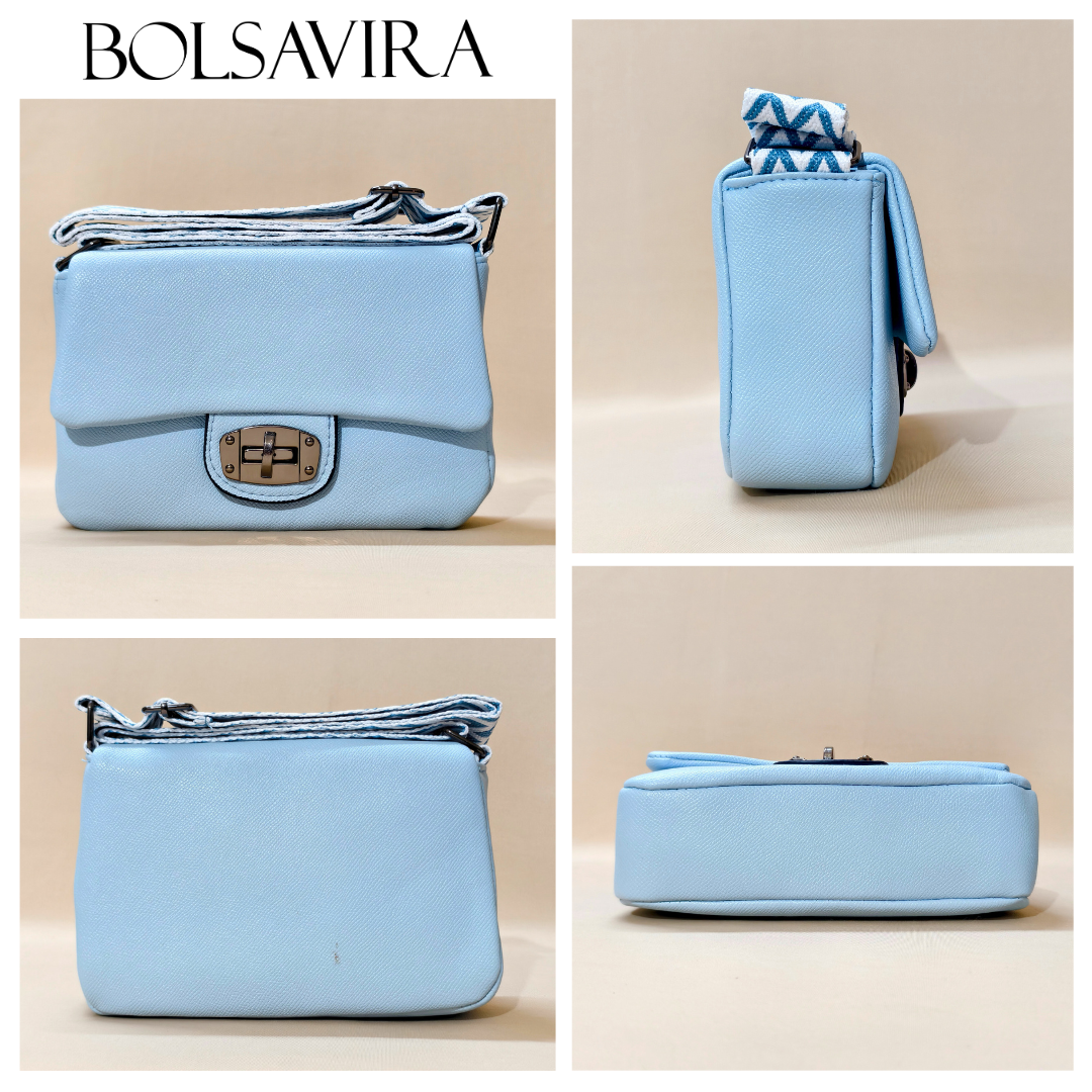 Collage of a light blue handbag with visible branding on a beige background