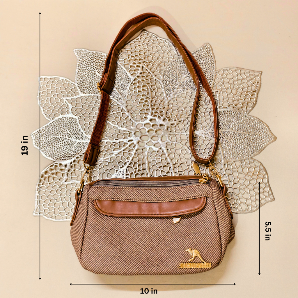 Brown handbag with measurements on a beige background
