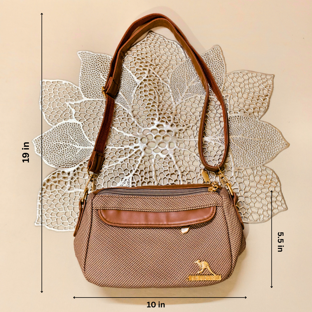 Brown handbag with measurements on a beige background