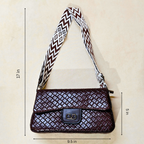 Brown woven handbag with a patterned strap, shown with measurements on a beige background