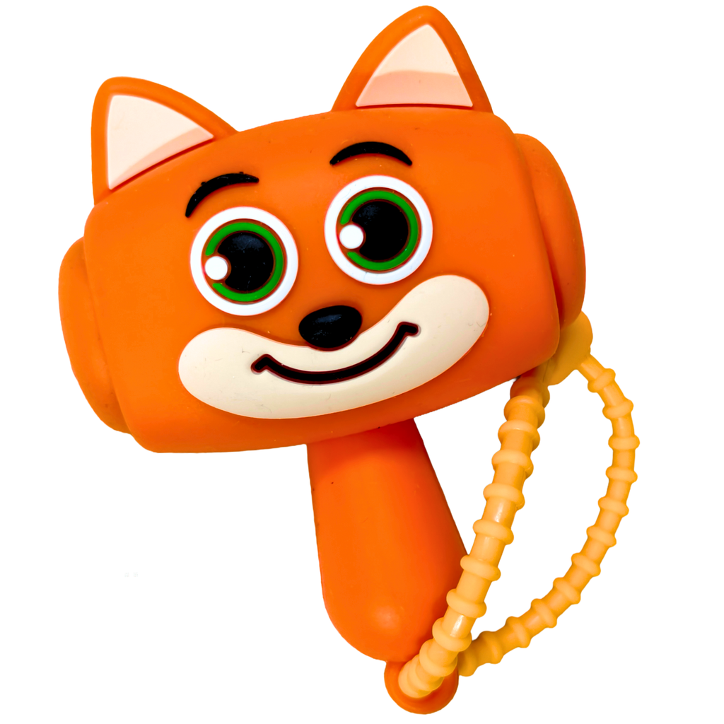 An orange cat-shaped baby teething toy with a textured yellow loop, featuring a cute cartoon face with green eyes and a black nose on a white background.