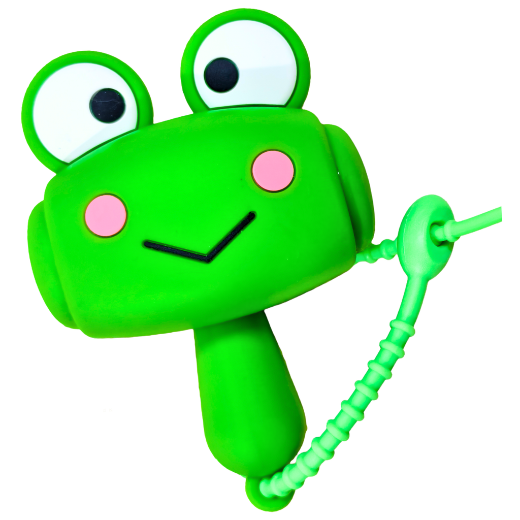 A bright green frog-shaped toy or accessory with large cartoon eyes, pink cheeks, and a small black smile, shown on a plain white background.