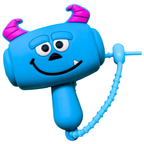 A blue monster-themed toy phone with pink horns, a smiling face, and a coiled cord, isolated on a white background.