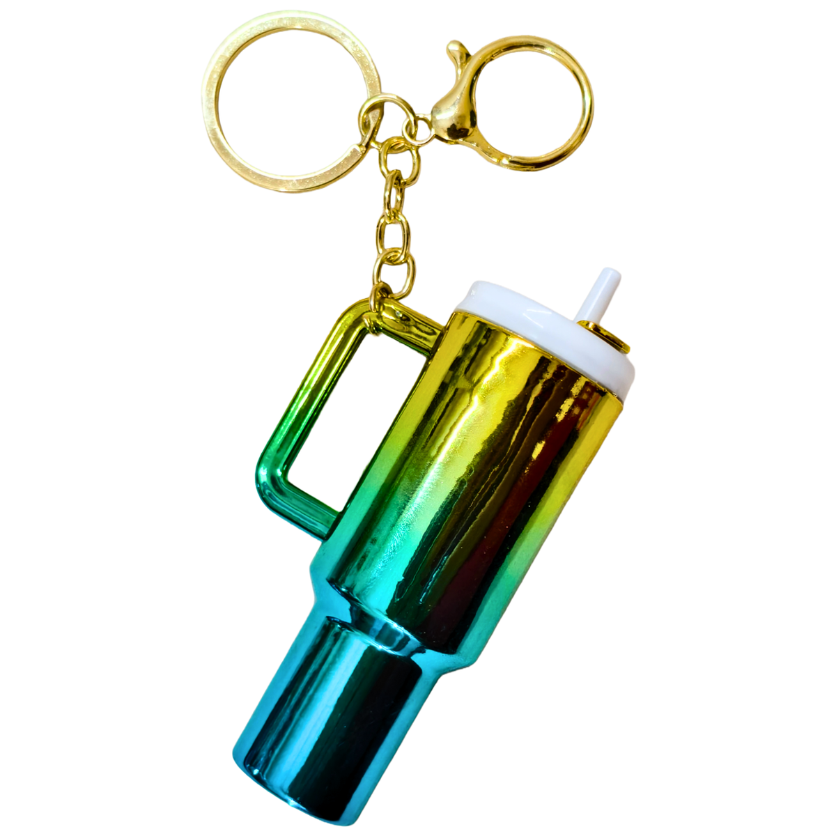 A novelty keychain shaped like a handled vacuum flask or tumbler, with a metallic iridescent finish shifting from gold to green to blue, a white lid, and a gold key ring clasp on a plain white background.