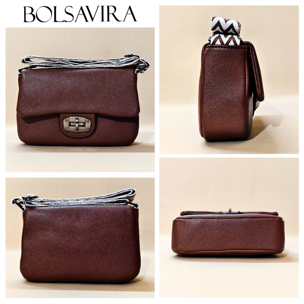 Brown handbag with strap and lock detail, displayed from multiple angles on a beige background.