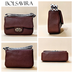 Brown handbag with strap and lock detail, displayed from multiple angles on a beige background.