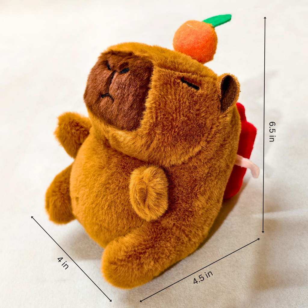 Plush toy bear with carrot on head and measurements indicated