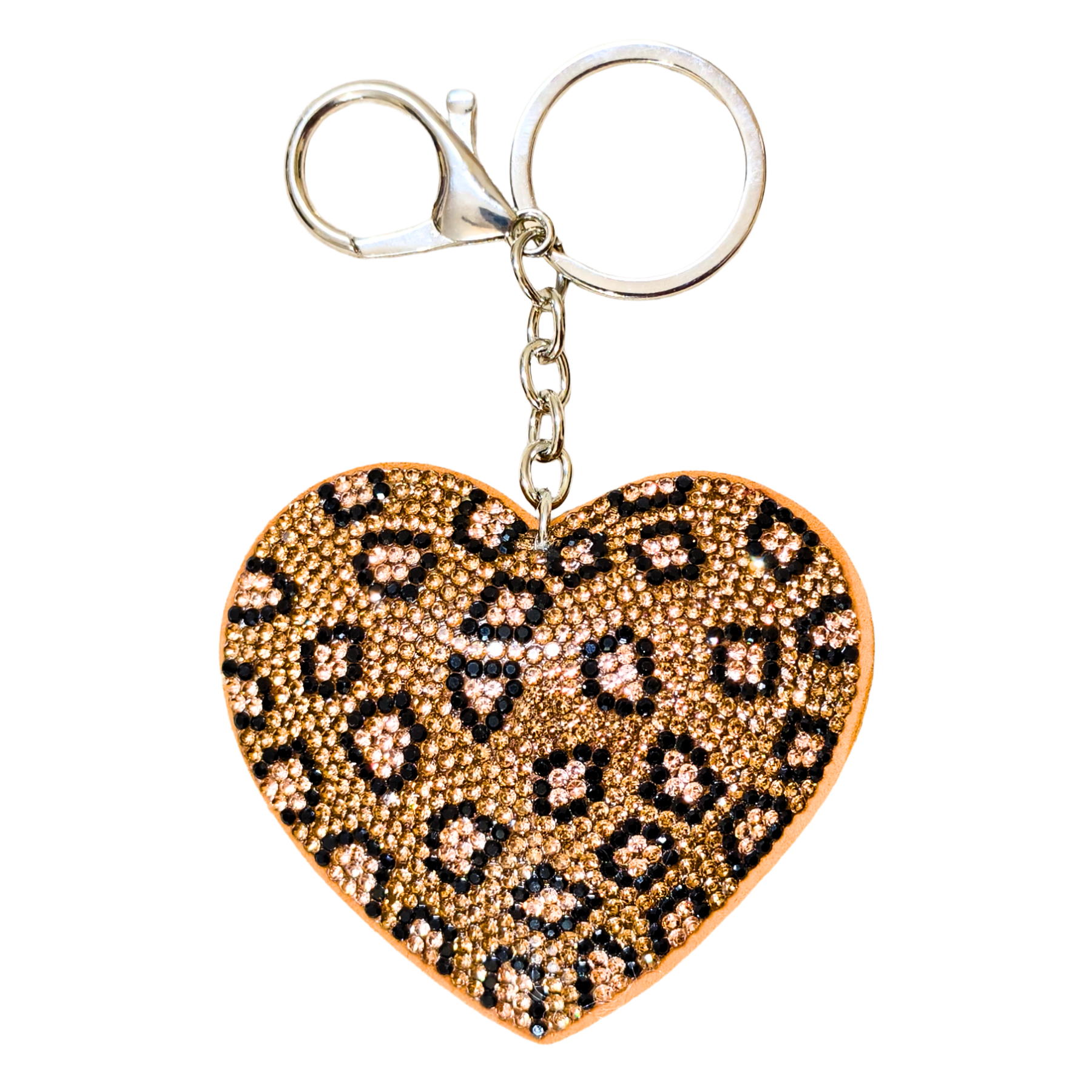 Heart-shaped keychain with leopard print pattern on a white background