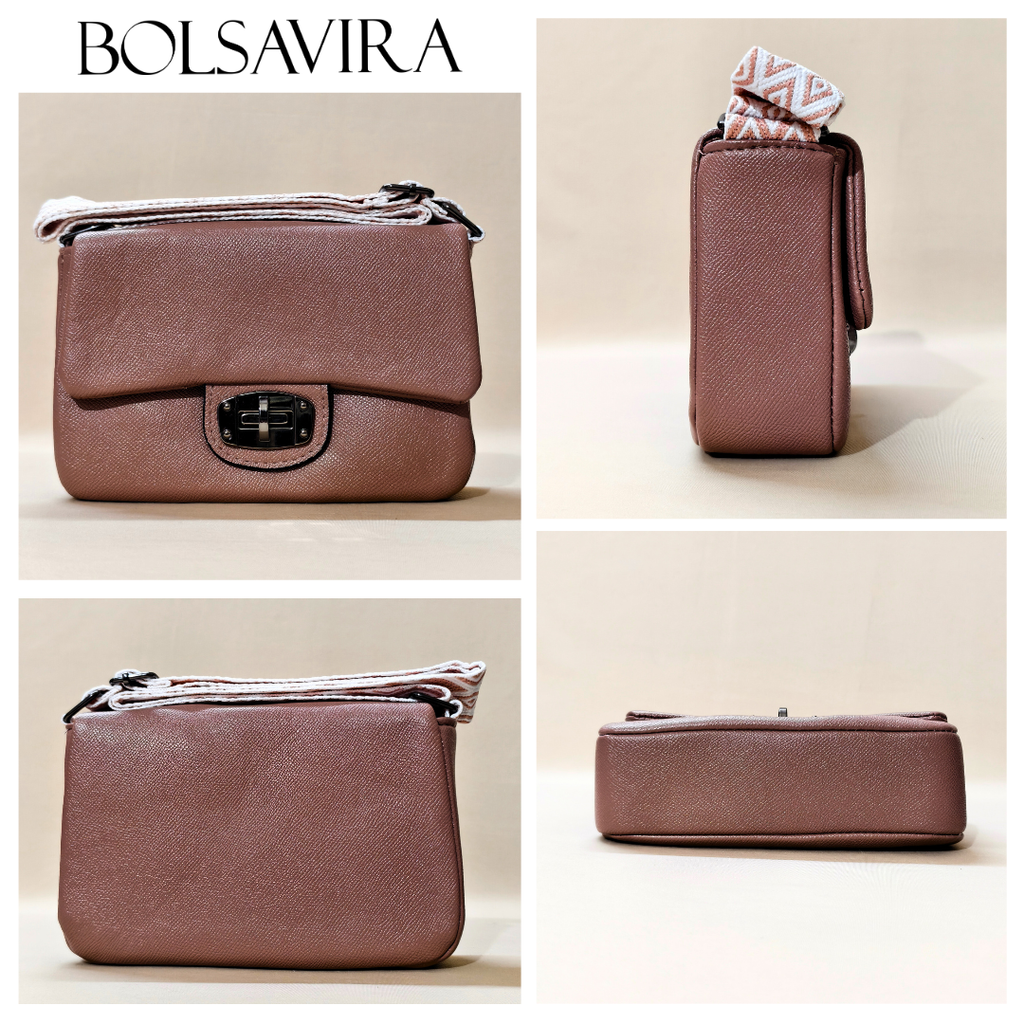 Collage of a brown handbag with different angles and a card holder on a beige background, featuring the brand 'Bolsavira'.
