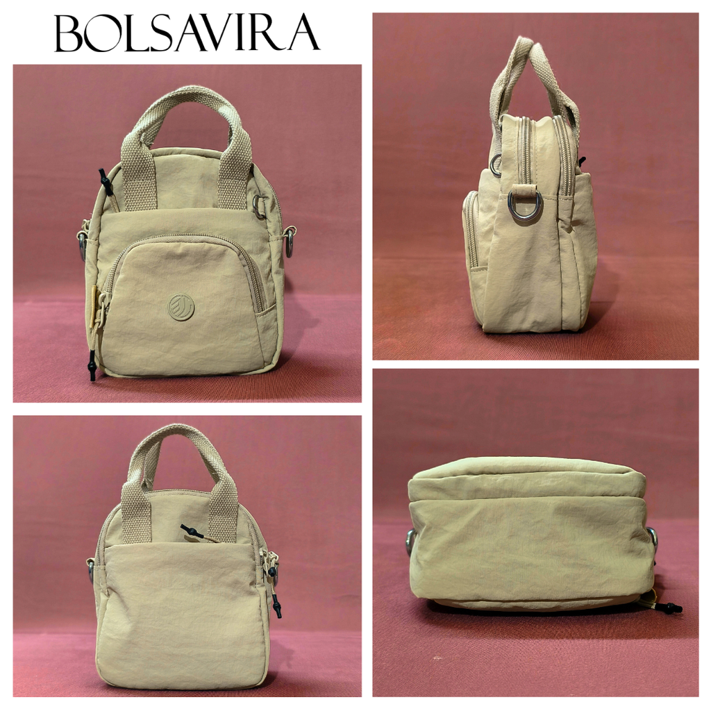 Collage of a beige handbag with multiple angles on a pink background, featuring the brand 'BOLSAVIRA'.