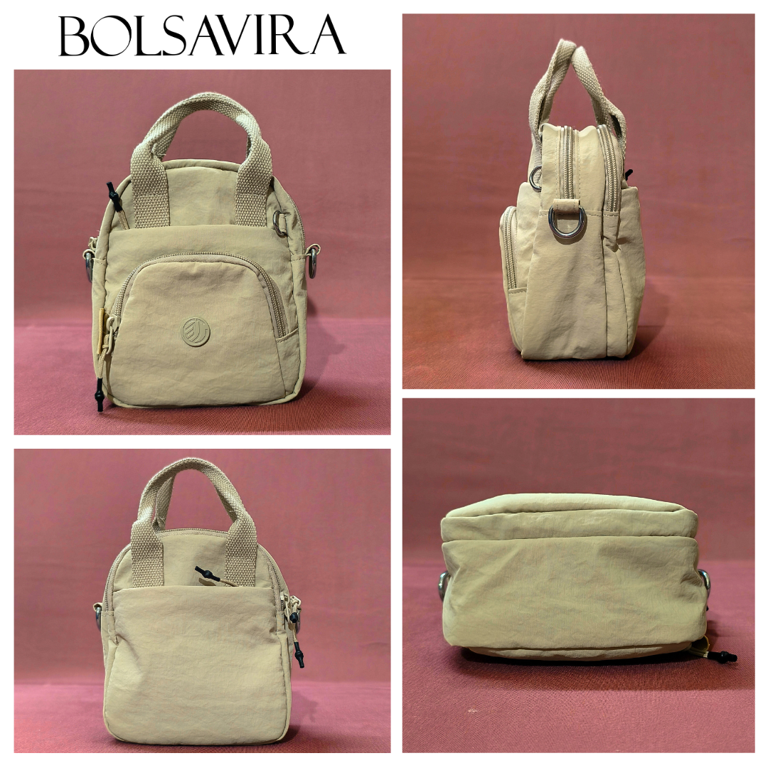 Collage of a beige handbag with multiple angles on a pink background, featuring the brand 'BOLSAVIRA'.