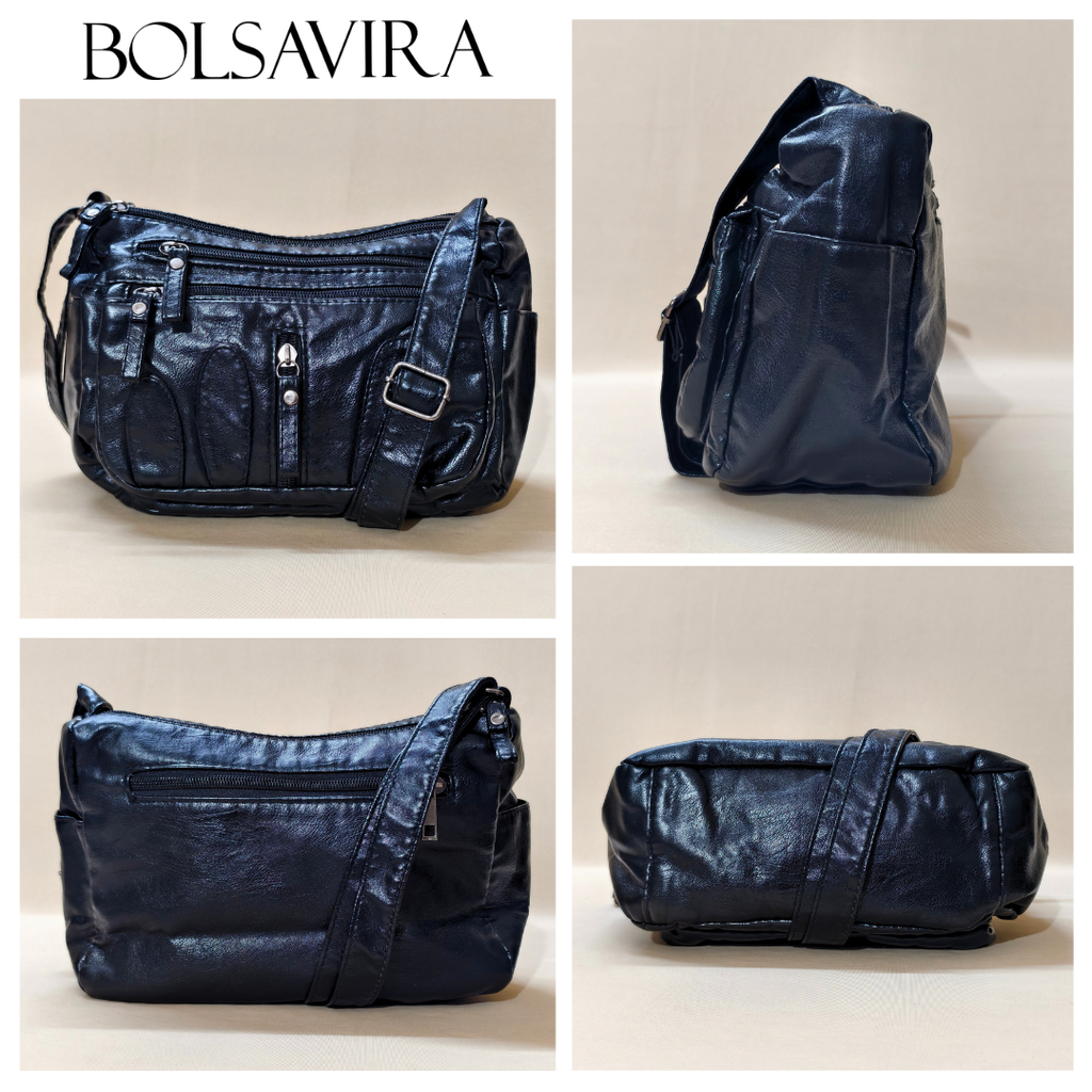 Collage of a black leather handbag with visible branding on a beige background