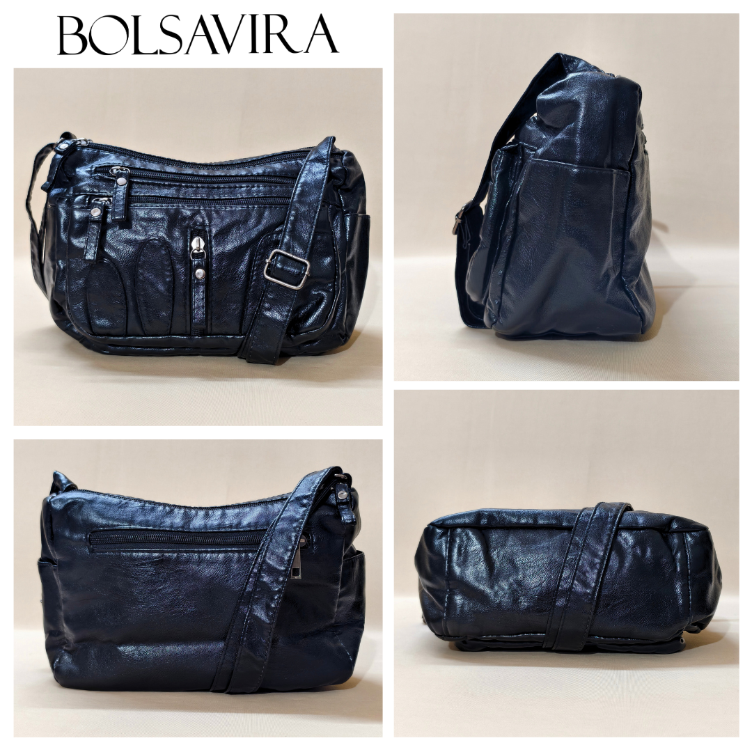Collage of a black leather handbag with visible branding on a beige background