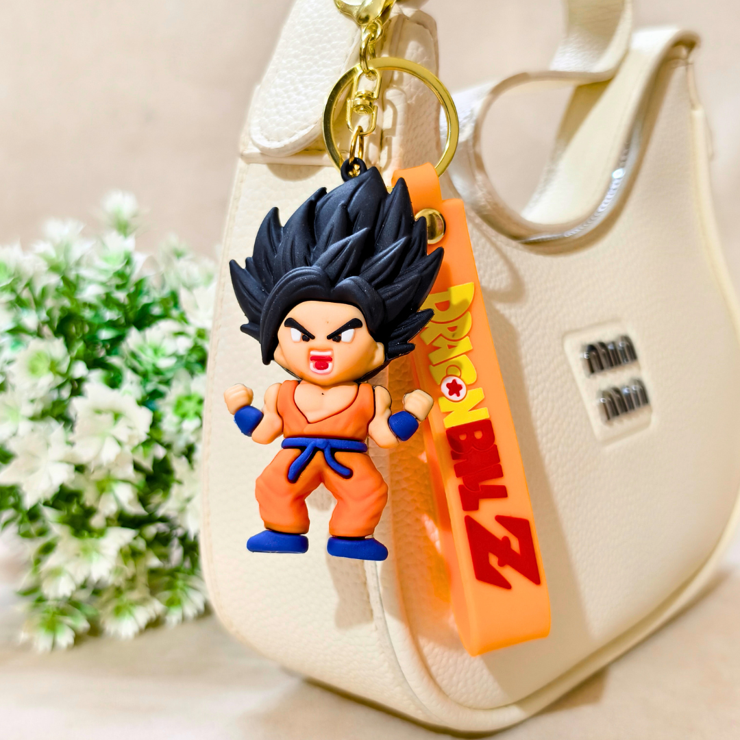Keychain with character design attached to a beige handbag with a floral background