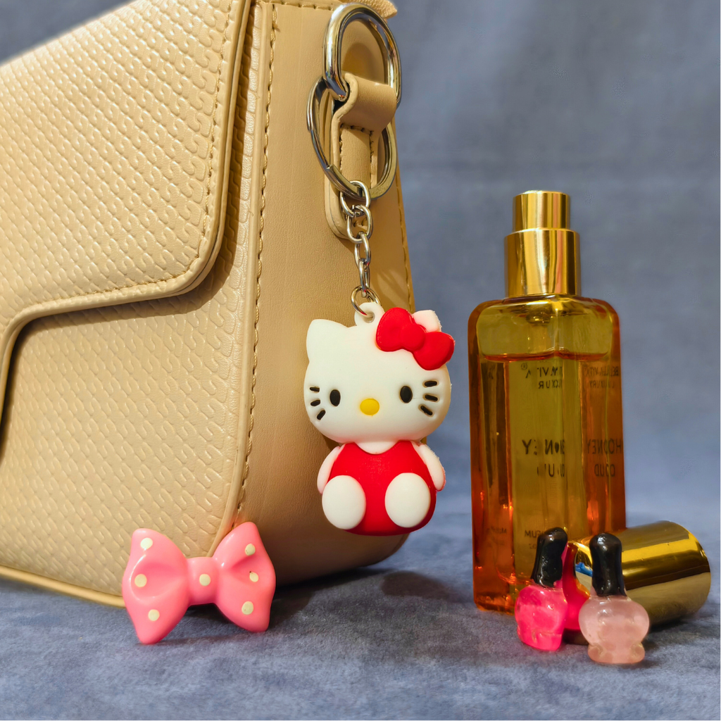 Red Character Keychain Set with Hello Kitty Designs, Silicone Bag Charm, Alloy Ring, for Kids Teens Adults