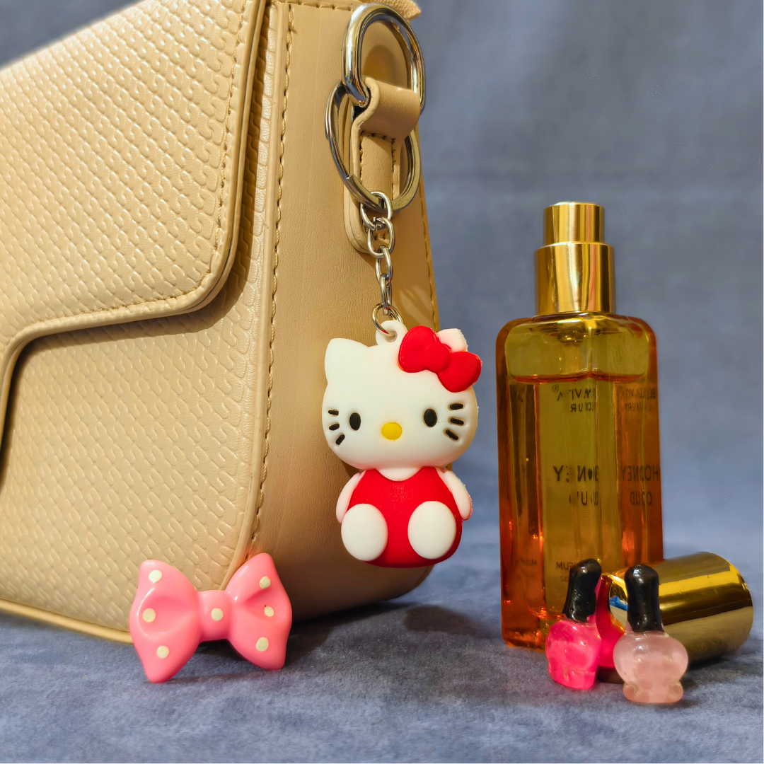 Red Character Keychain Set with Hello Kitty Designs, Silicone Bag Charm, Alloy Ring, for Kids Teens Adults
