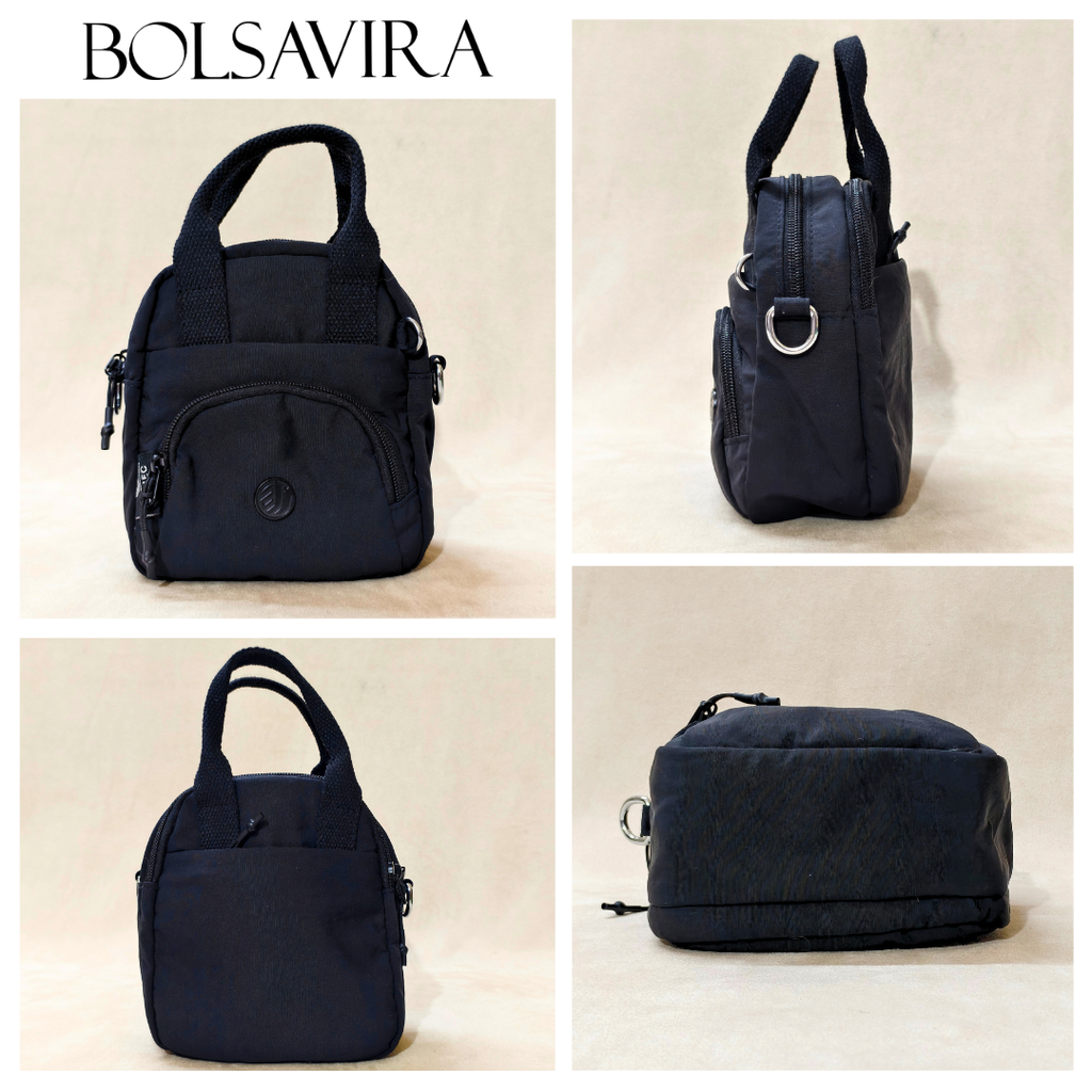Black backpack shown from multiple angles with 'BOLSAVIRA' branding.