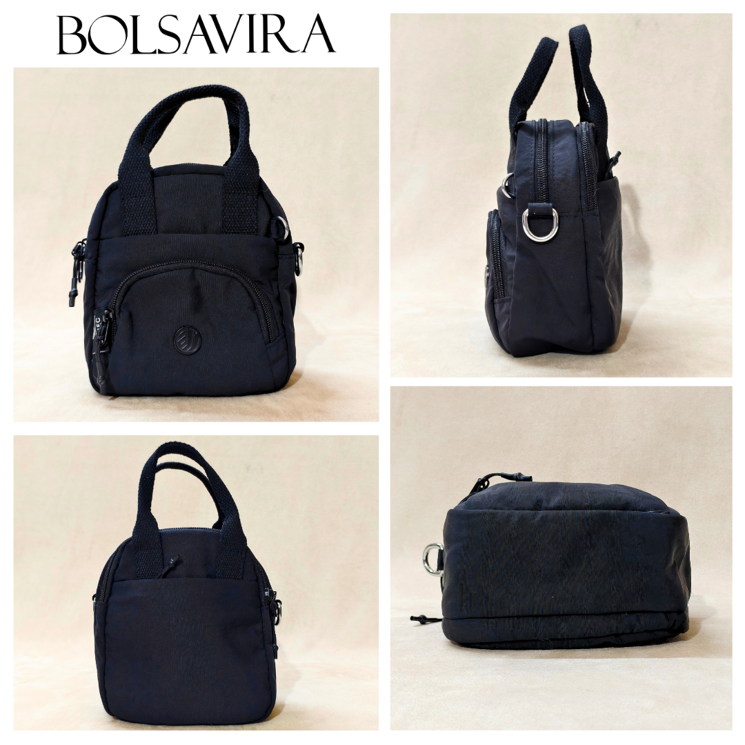Black backpack shown from multiple angles with 'BOLSAVIRA' branding.