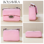 Collage of a pink handbag with different angles on a beige background, featuring the brand 'BOLSAVIRA'.