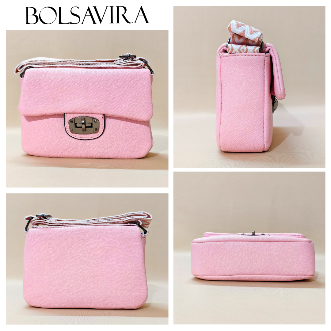 Collage of a pink handbag with different angles on a beige background, featuring the brand 'BOLSAVIRA'.
