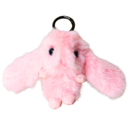 A pink fluffy bunny keychain with long floppy ears, black bead eyes, and a black plastic key ring, shown on a plain white background.
