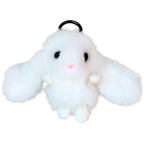 A white fluffy plush bunny keychain with long floppy ears, small black eyes, a pink nose, and a black metal key ring at the top, shown on a plain white background.
