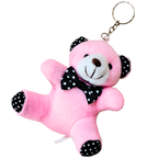 A pink plush teddy bear keychain with black polka-dot ears, paws, and bow tie, attached to a silver metal key ring, shown on a plain white background.