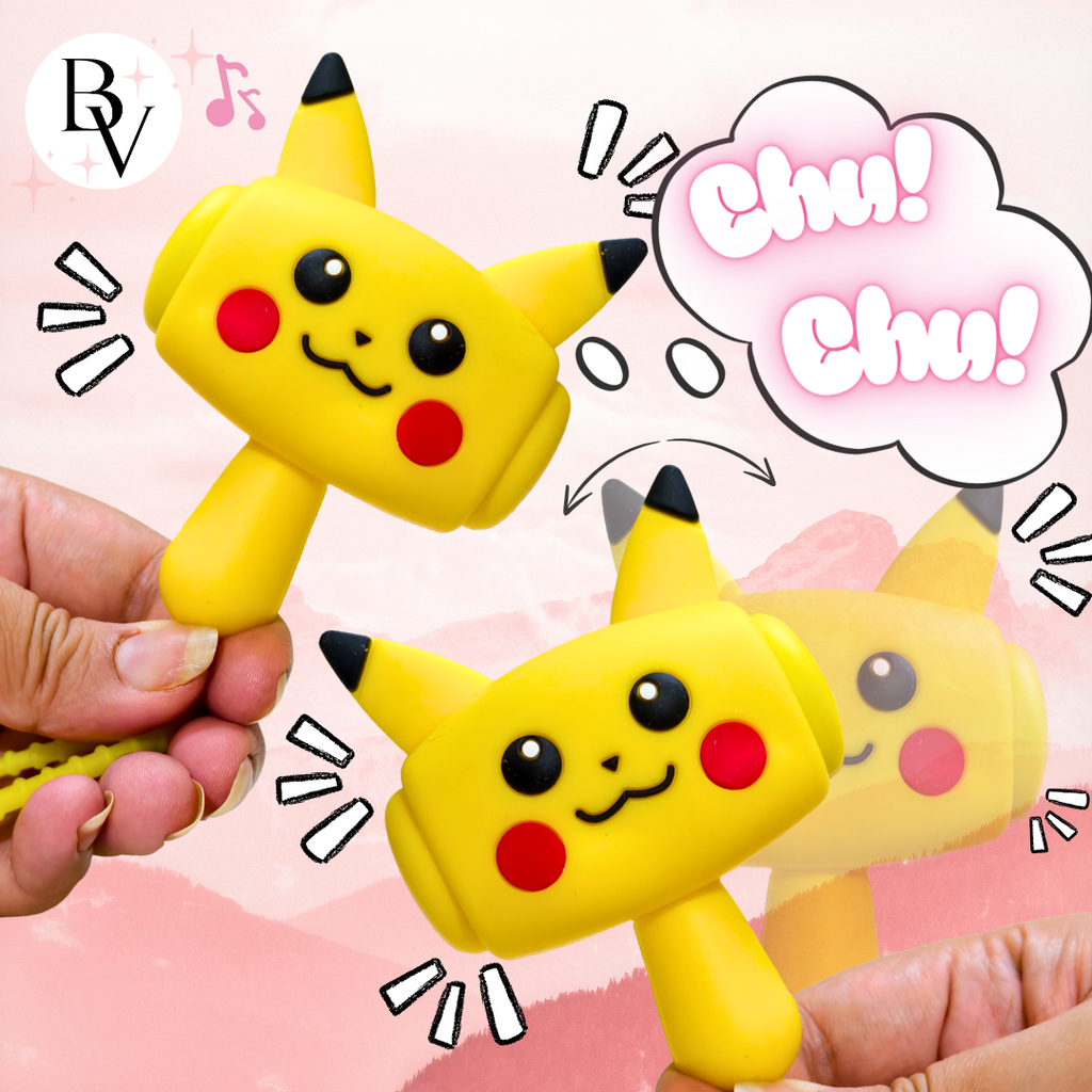 Three yellow Pikachu-shaped hammer toys being held by hands against a pink background with cartoon sound effects and a speech bubble reading 'Chu! Chu!'.