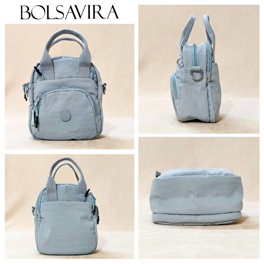 Collage of a light blue backpack with multiple angles on a beige background, featuring the brand 'BOLSAVIRA'.