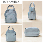Collage of a light blue backpack with multiple angles on a beige background, featuring the brand 'BOLSAVIRA'.