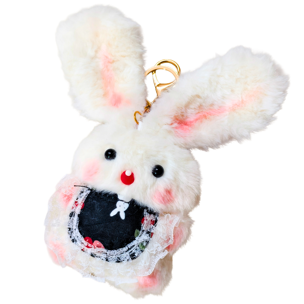 A fluffy white bunny keychain or bag charm with long ears, pink inner ear details, a red stitched nose, black eyes, and a black mouth area with lace trim, attached to a gold metal clasp on a plain white background.