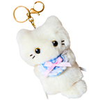 A white plush cat keychain charm with a gold clasp, featuring embroidered black whiskers and eyes, and wearing a blue and pink ruffled ribbon collar.