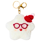 A white fluffy star-shaped keychain charm with a red knit Santa hat, red glasses, and a gold clasp on a plain white background.