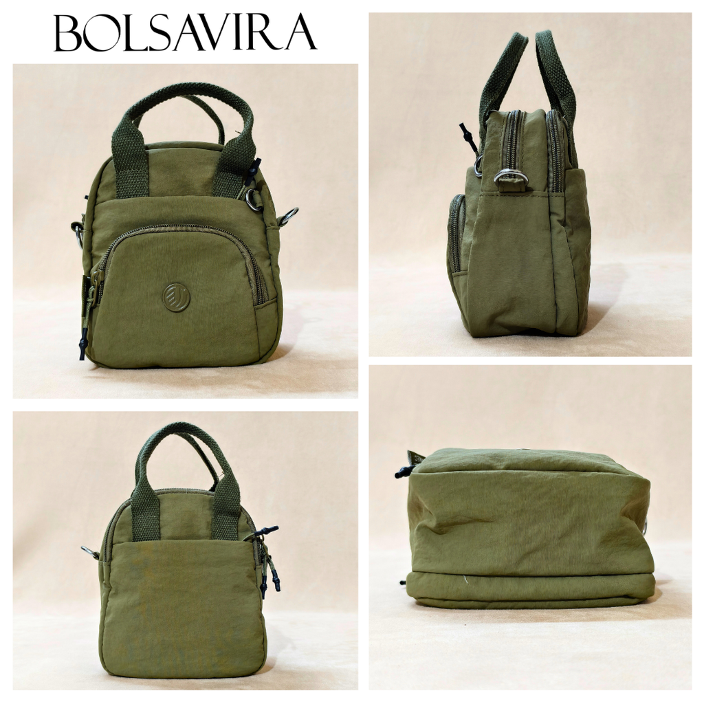 Collage of a green backpack and pouch with 'BOLSAVIRA' branding.