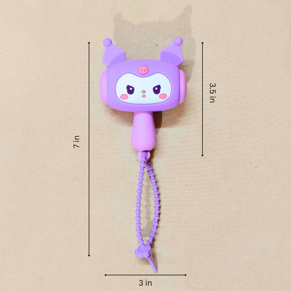 Purple cartoon character with measurement labels on a beige background
