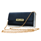Black clutch bag with gold chain on a white background