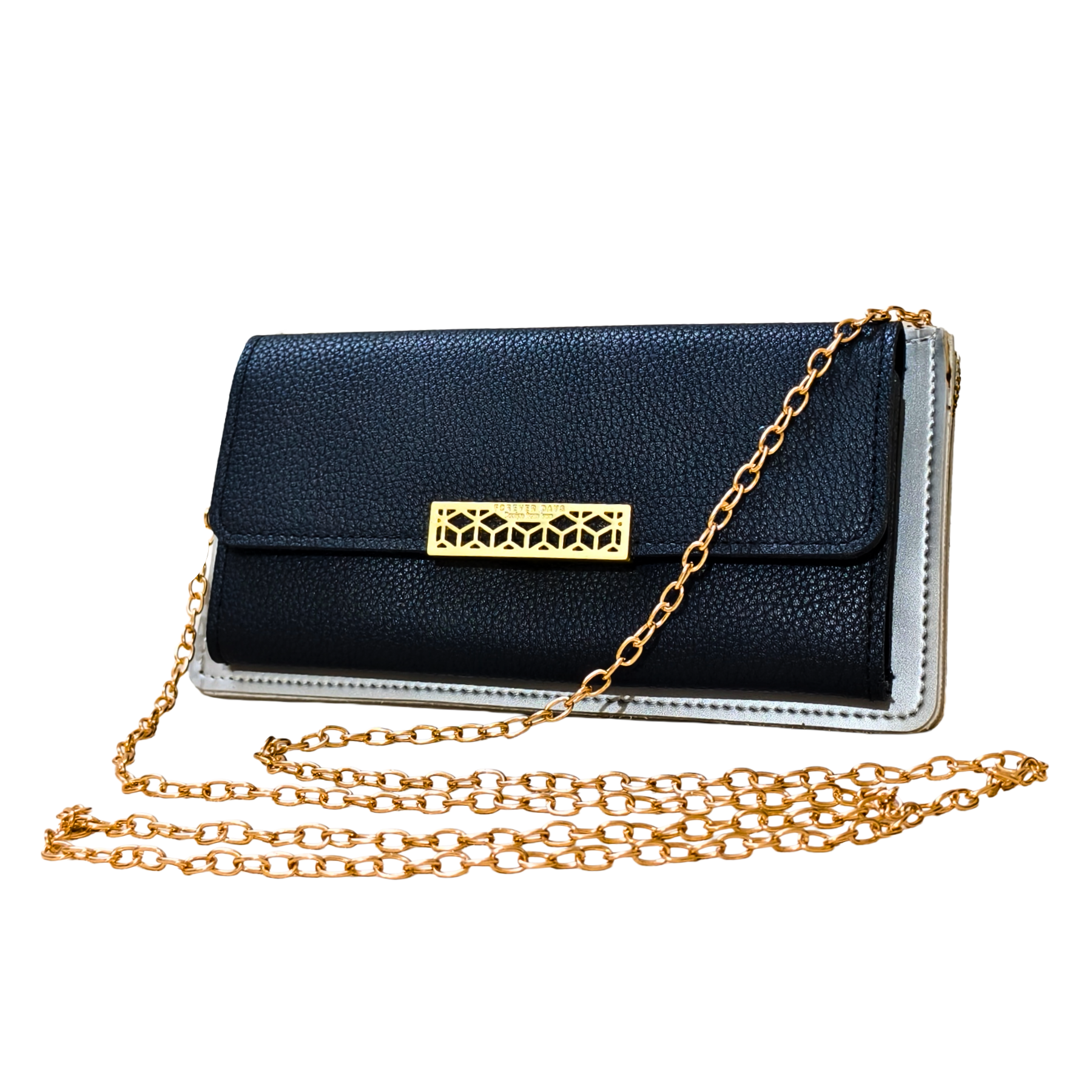 Black clutch bag with gold chain on a white background