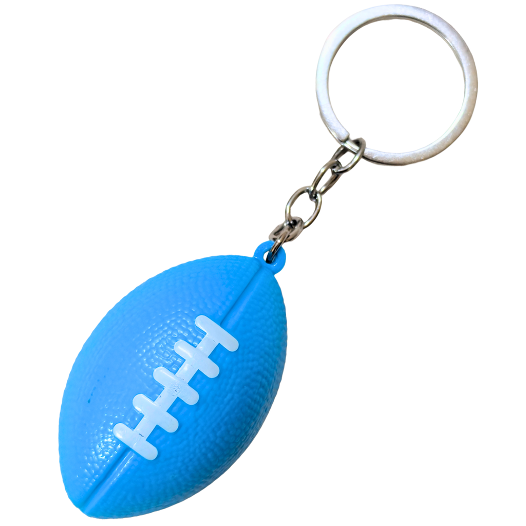 A blue football-shaped keychain with white laces and a silver metal key ring and chain, shown on a plain white background.