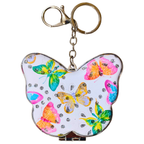 A butterfly-shaped keychain with a white background and colorful butterfly prints.