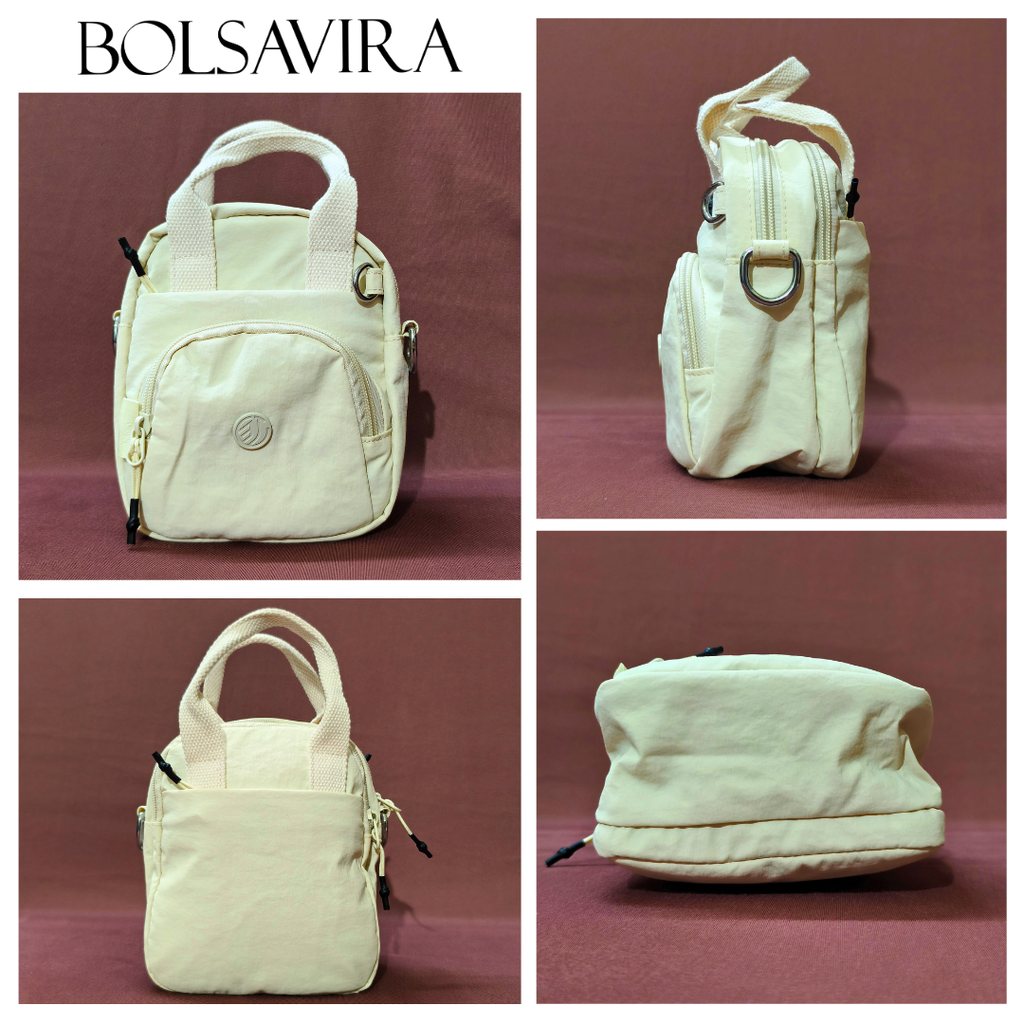 Collage of a beige backpack with multiple angles on a maroon background, featuring the brand 'BOLSAVIRA'.